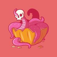 Octopus in a broken Pumpkin with a skull vector illustration. Funny, Halloween, horror design concept.