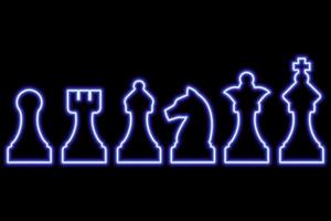 Set of chess figures on black background. Simple neon blue outline. Illustration vector