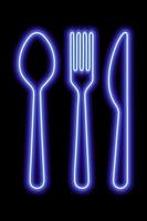 formas azul neón de cuchara, tenedor y khife de mesa sobre un fondo negro. juego de cubiertos vector