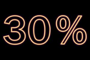 30 percent inscription on a black background. Yellow-purple line in neon style. vector