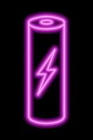 Pink neon outline of battery with zipper on a black background. Charge sign. Electricity, power vector