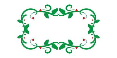 Christmas frame with holly leaves and berries. Decorative green frame with red berries isolated on white background. Element design. Vector illustration.