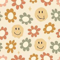 maravilloso patrón sin fisuras con flores y sonrisas sobre un fondo claro. papel tapiz vectorial apagado en tonos cálidos al estilo de los años 70. impresión de tela retro, ropa para niños, textiles para el hogar vector