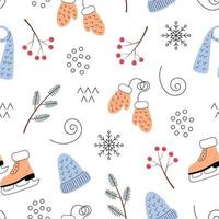 Seamless pattern with winter elements on a white background. Cute vector illustration with fir branches, snowflakes, skates and clothes.