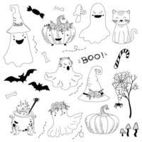 Halloween set. Cute ghosts, pumpkins, bats and witch's hat, cauldron of potion, cat, bones and mushrooms. Doodle elements. Can be used in colouring book for children. vector