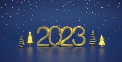 Happy New 2023 Year. 3D Golden metallic numbers 2023 with gold metallic cone shape pine, spruce trees and confetti on blue background. Xmas background, card, header. Realistic vector illustration.