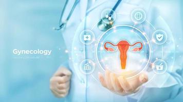 Gynecology medical concept. Women's health. Doctor holding in hand the hologram of Female reproductive system and medicine icons network connection on virtual screen. Vector illustration.