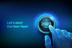 inicio 2023. dedo a punto de presionar un botón con el texto 2023 inicio. feliz año nuevo. se acerca el nuevo año dos mil veintitrés concepto. ilustración vectorial vector