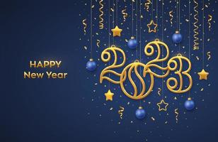 Happy New 2023 Year. Hanging Golden metallic numbers 2023 with shining 3D metallic stars, balls and confetti on blue background. New Year greeting card, banner template. Realistic Vector illustration.