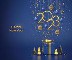 Happy New 2023 Year. Hanging golden metallic numbers 2023 with stars, balls and confetti on blue background. Gift box and golden metallic pine or fir, cone shape spruce trees. Vector illustration.