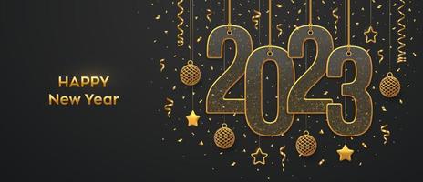 Happy New 2023 Year. Hanging on gold ropes numbers 2023 with shining 3D metallic stars, balls and confetti on black background. New Year greeting card, banner template. Realistic Vector illustration.