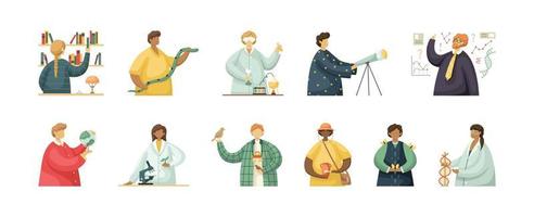 Vector set of illustrations of professional workers in the scientific field. Flat style