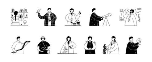 Vector set of illustrations of professional workers in the scientific field. Line art