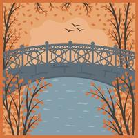 Landscape autumn bridge in the park, color vector multilayer illustration, papercut