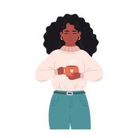 Black woman in sweater with cup of hot drink. Woman with coffee. Winter time, happy holidays, hygge vector
