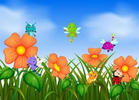 many insect flying in flower garden vector