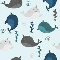 marine seamless pattern with cute narwhals vector
