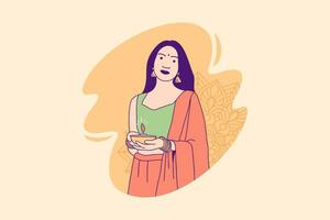 Illustrations beautiful indian woman holding diya lamp for Celebration Diwali Day Design concept vector