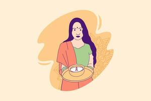 Illustrations beautiful indian woman holding diya lamp for Celebration Diwali Day Design concept vector