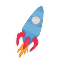 Blue rocket with a fiery tail on a white background. Solar system on a white background. Vector illustration in cartoon style for children. Icon of the planet.