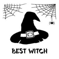 Witch hat sketch with text Best Witch. Black hat silhouette, spider web. Design elements for Halloween. Isolated vector illustration. Template for card, poster, invitation