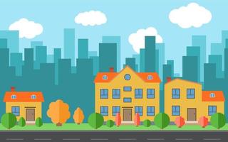 Vector city with cartoon houses with trees and shrubs. City space with road on flat style background concept. Summer urban landscape. Street view with cityscape on a background