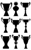 Collection of twelve silhouettes of champion cups in vector. Championship prizes for first place. Victory symbols isolated on white background. vector