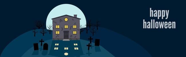 Happy Halloween. Festive banner with a lonely house on a background of the full moon at night. Vector illustration.