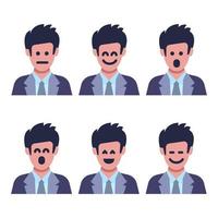 Set of six men with different facial emotions. Human face with emoji character. Vector illustration