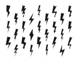 Set of twenty eight dark thunderstorms. Thunderbolt and high voltage black icons on white background. Vector illustration.