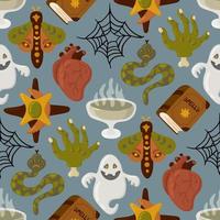 Halloween vector cartoon seamless pattern with pumpkin lantern, ghost, skull, spider, and other scary or festive elements . Mystical background for wallpaper, wrapping, packing, and backdrop.
