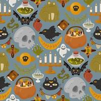 Halloween vector cartoon seamless pattern with pumpkin lantern, ghost, skull, spider, and other scary or festive elements . Mystical background for wallpaper, wrapping, packing, and backdrop.