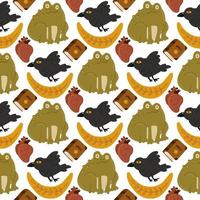 Halloween vector cartoon seamless pattern with pumpkin lantern, ghost, skull, spider, and other scary or festive elements . Mystical background for wallpaper, wrapping, packing, and backdrop.
