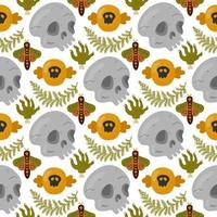 Halloween vector cartoon seamless pattern with pumpkin lantern, ghost, skull, spider, and other scary or festive elements . Mystical background for wallpaper, wrapping, packing, and backdrop.