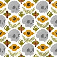 Halloween vector cartoon seamless pattern with pumpkin lantern, ghost, skull, spider, and other scary or festive elements . Mystical background for wallpaper, wrapping, packing, and backdrop.