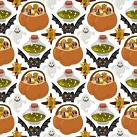Halloween vector cartoon seamless pattern with pumpkin lantern, ghost, skull, spider, and other scary or festive elements . Mystical background for wallpaper, wrapping, packing, and backdrop.