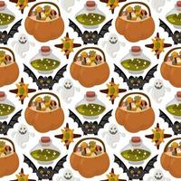 Halloween vector cartoon seamless pattern with pumpkin lantern, ghost, skull, spider, and other scary or festive elements . Mystical background for wallpaper, wrapping, packing, and backdrop.