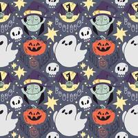 Cute childish Halloween seamless pattern in flat doodle style with ghost, smiling pumpkin, scull, bat in witch's hat, moon, stars on violet background. Perfect for digital paper and decoration. vector