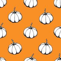 Hand-drawn vector seamless pattern. White pumpkins on a bright orange background. For seasonal fall, kitchen design, fabric prints, textile products, clothing.