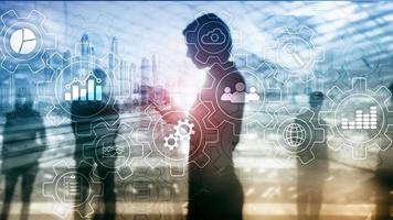 Business process abstract diagram with gears and icons. Workflow and automation technology concept photo
