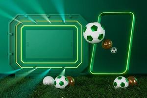 objeto de pelotas de fútbol, diseño de pelotas deportivas, concepto de elemento de fútbol, ilustración 3d, tecnología de fútbol abstracta, pantalla móvil de smartphone, campo de hierba verde, deporte en línea en vivo, negocio de deportes de casino foto