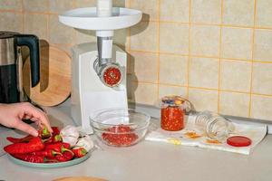 cooking adjika from hot pepper and garlic ground in a meat grinder. preparations for the winter. folk remedy for flu and colds photo