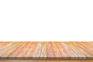 Empty wooden table top isolated on white background for product display photo