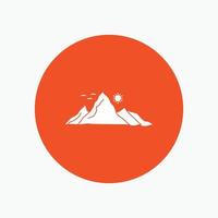 mountain. landscape. hill. nature. sun White Glyph Icon in Circle. Vector Button illustration