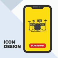 tambor. batería. instrumento. equipo. icono de glifo musical en el móvil para la página de descarga. fondo amarillo vector