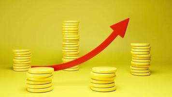 rood pijl diagram en munten in beweging omhoog 3d veroorzaken. hoog kwaliteit 4k beeldmateriaal video
