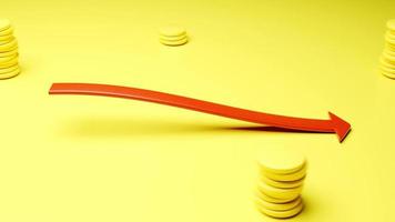 Red arrow wave graph moving among the coins 3d render. High quality 4k looped animation. video