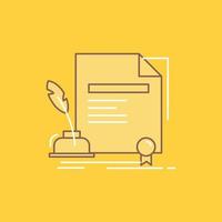 contract. paper. document. agreement. award Flat Line Filled Icon. Beautiful Logo button over yellow background for UI and UX. website or mobile application vector