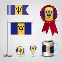 Barbados Country Flag place on Map Pin. Steel Pole and Ribbon Badge Banner vector