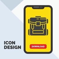 bolsa. cámping. cremallera. senderismo. icono de glifo de equipaje en el móvil para la página de descarga. fondo amarillo vector